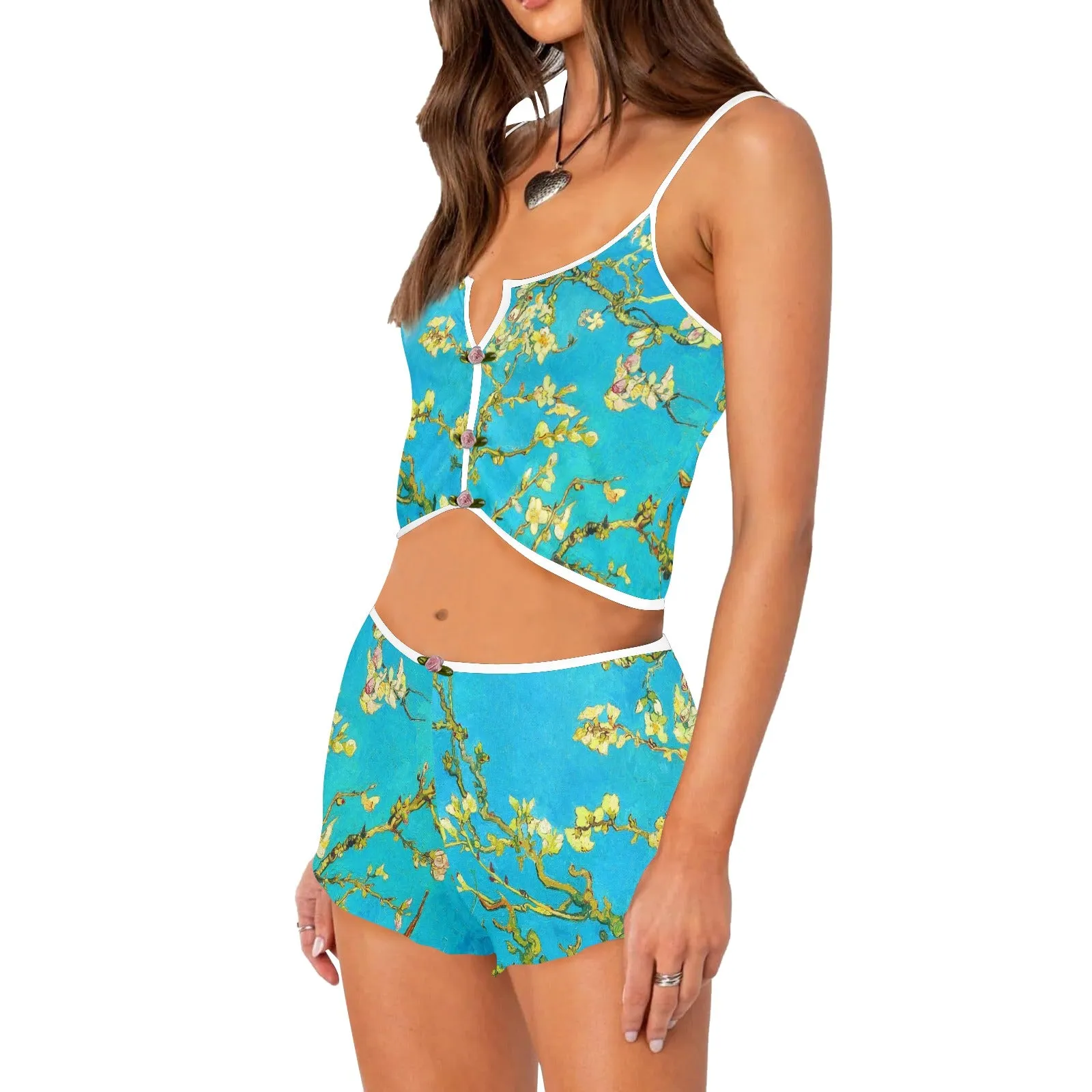 2 small blue almond art Floral Applique Cami Top Shorts Pajama Set