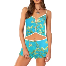 2 small blue almond art Floral Applique Cami Top Shorts Pajama Set