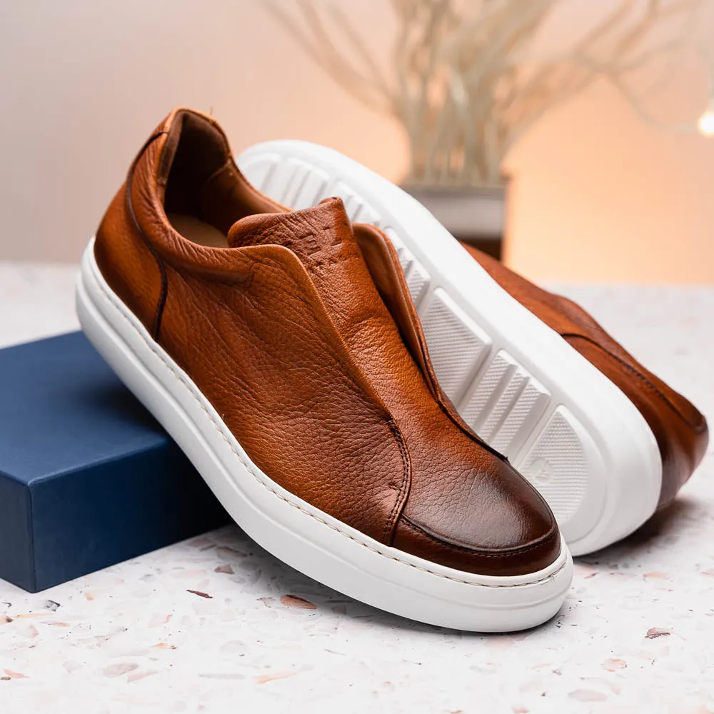 65-225-CGN SPETTACOLARE Italian Pebble Grain Calfskin Sneakers Cognac