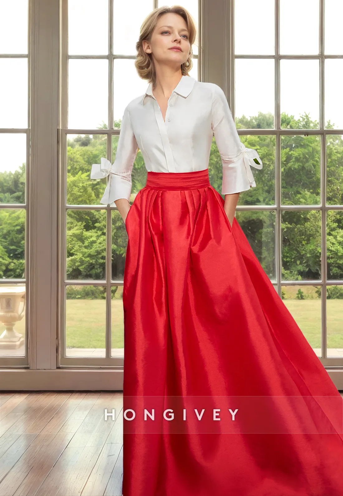 A-Line Two Tone 3/4 Sleeves With Pockets Cocktail Evening Dress