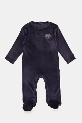 Babies Navy Plain Velour With Placement Print Sleepsuit