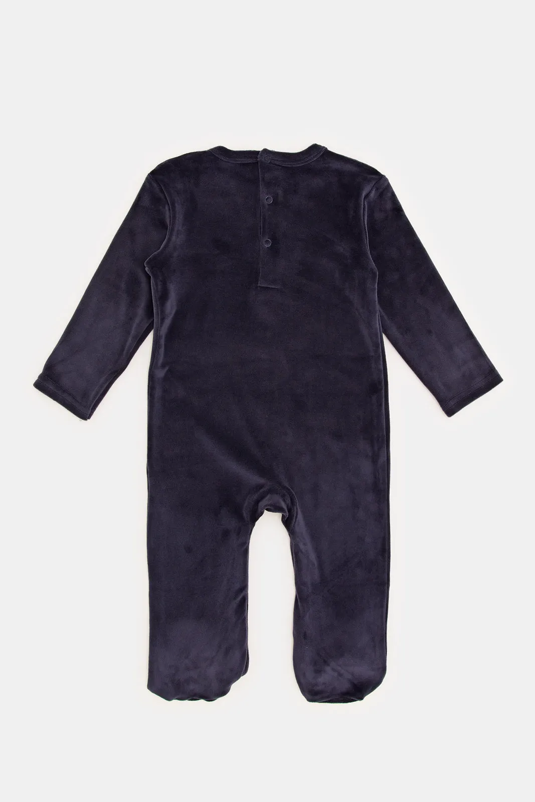 Babies Navy Plain Velour With Placement Print Sleepsuit