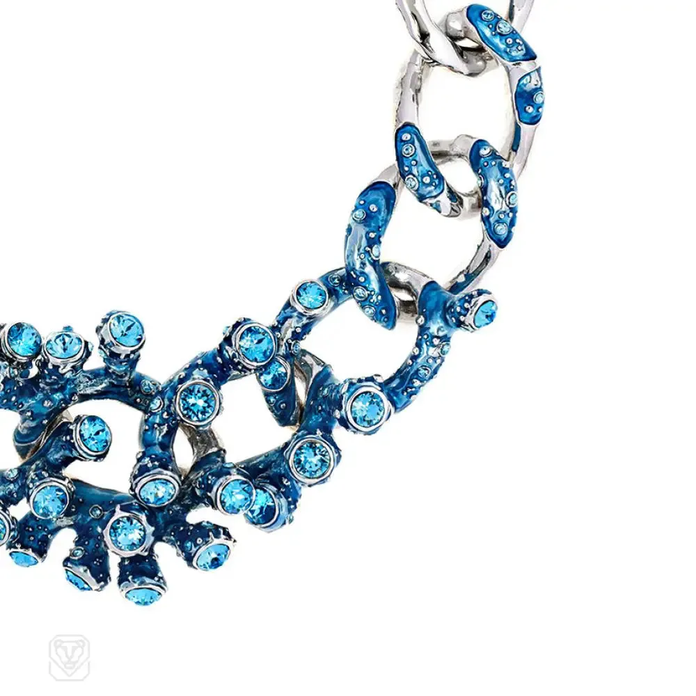 Blue crystal and enamel coral motif necklace