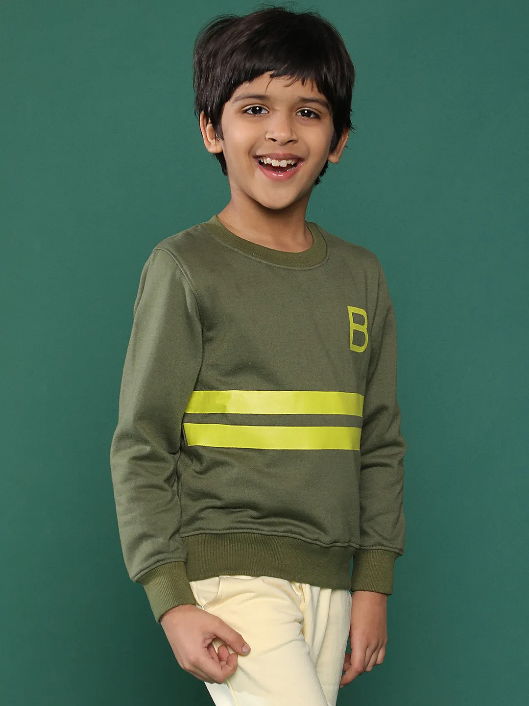 Boys Olive Green Striped Sweatshirt