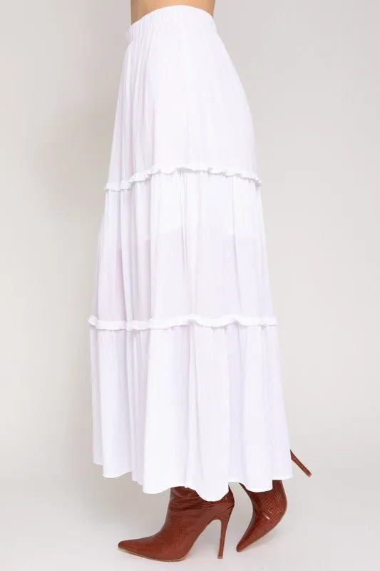 ELASTIC WAIST MERROW EDGE TIERED MIDI SKIRT