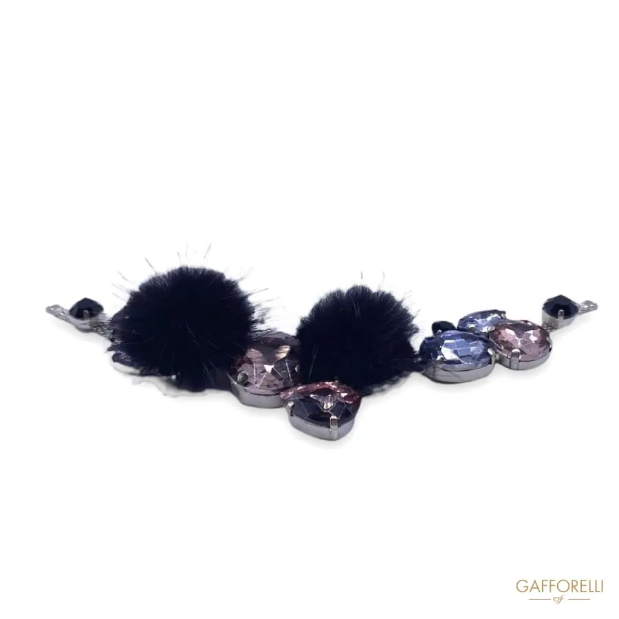 Jewel Neckline in Metal with Stones and Black Fur Pom Poms A344 - Gafforelli Srl