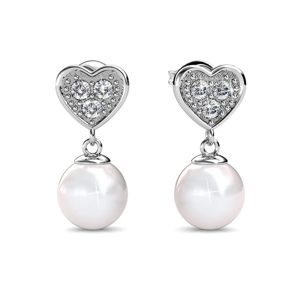 Kenley 18k White Gold Pearl Stud Earrings with Heart Shaped Swarovski Crystals