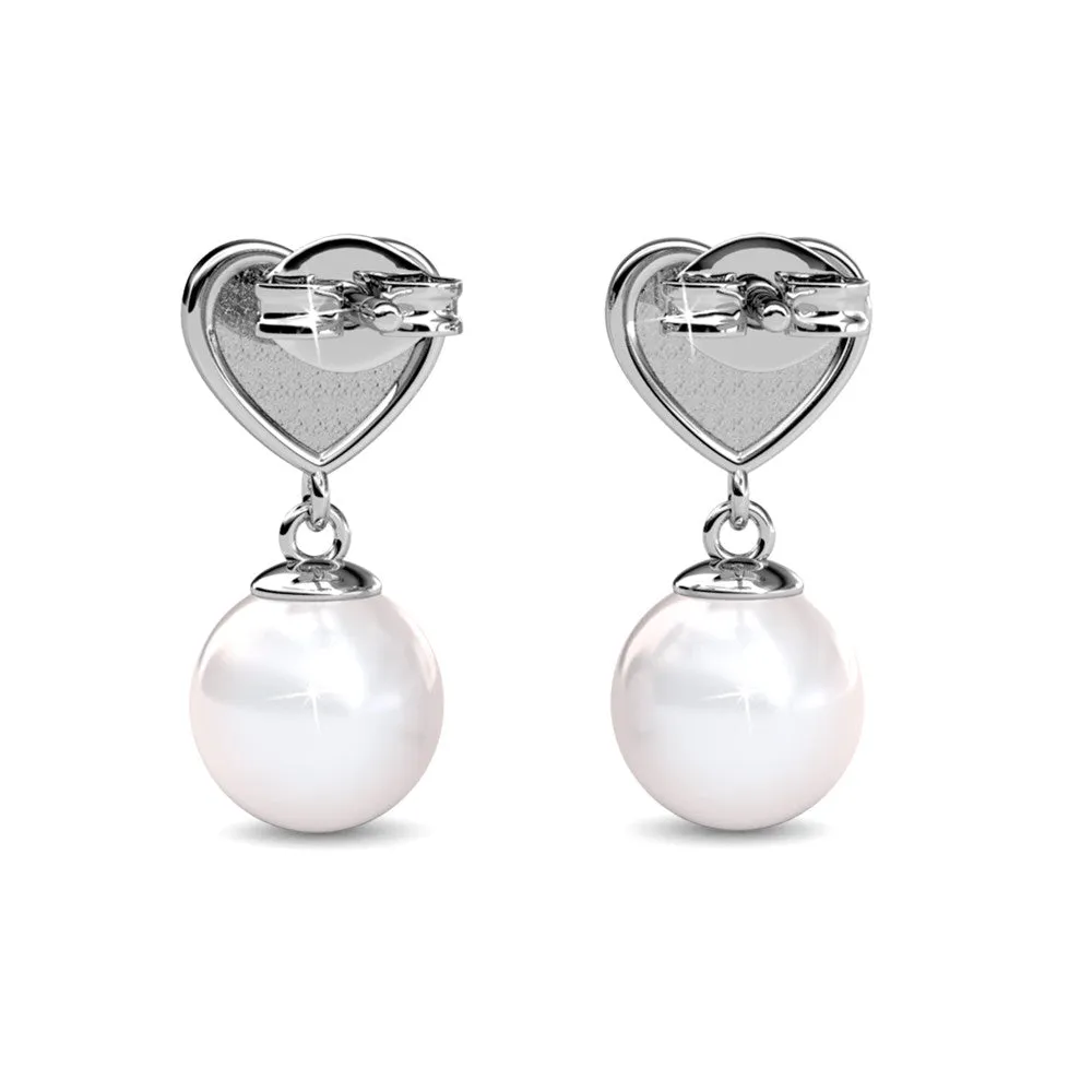 Kenley 18k White Gold Pearl Stud Earrings with Heart Shaped Swarovski Crystals