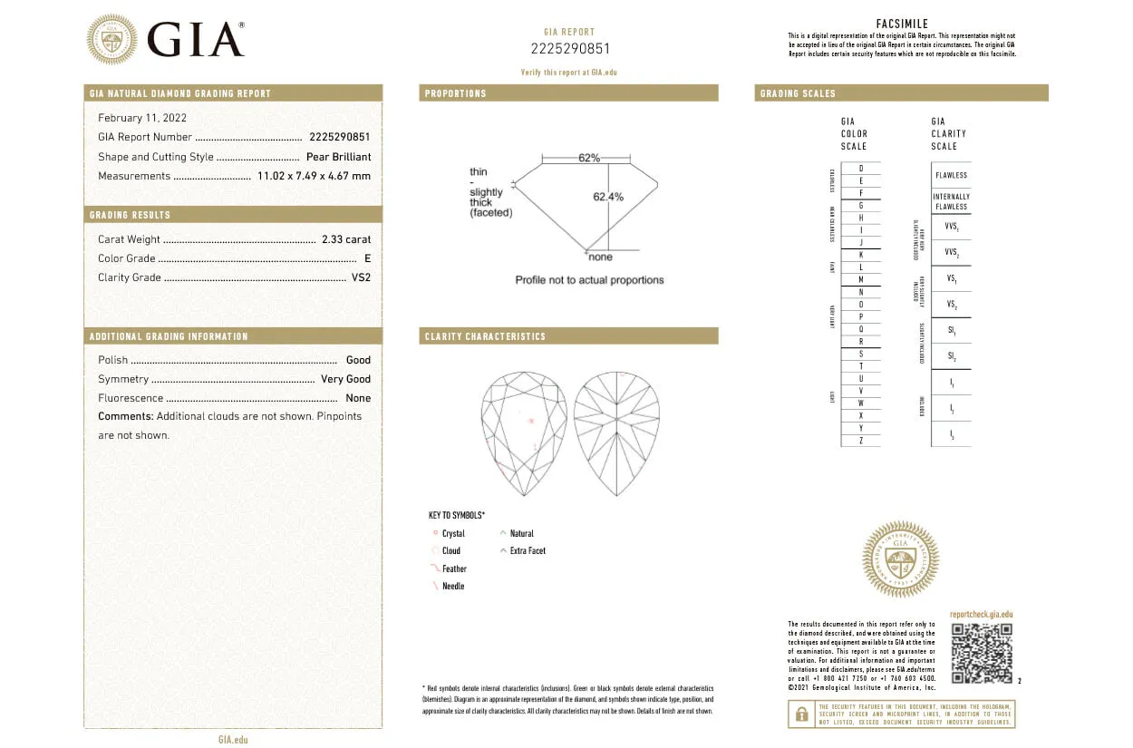 Loose Diamond Pear 2.33 cts E VS2 GIA Certified