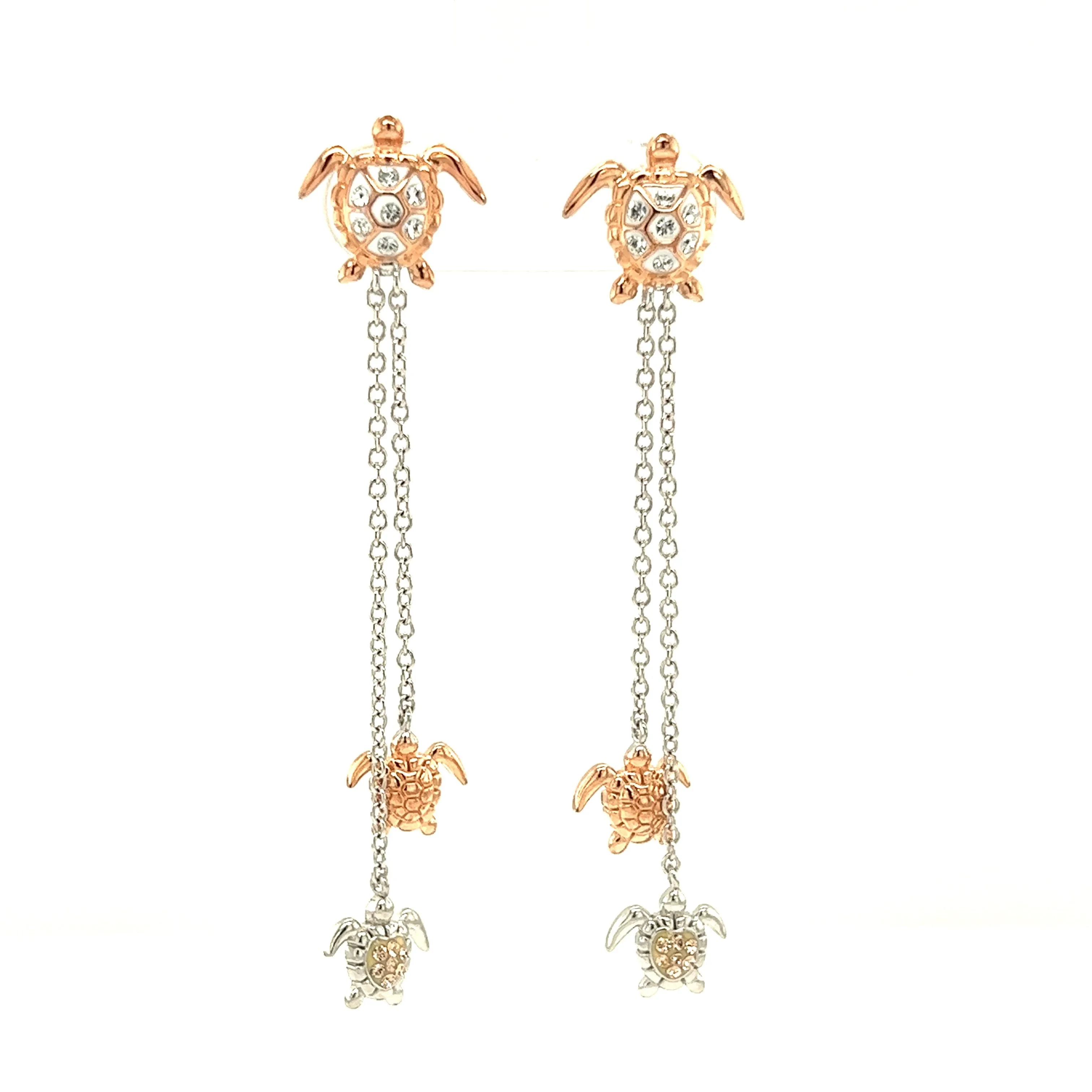 Sea Turtle Drop Earrings with White and Rose Crystals in Sterling Silver