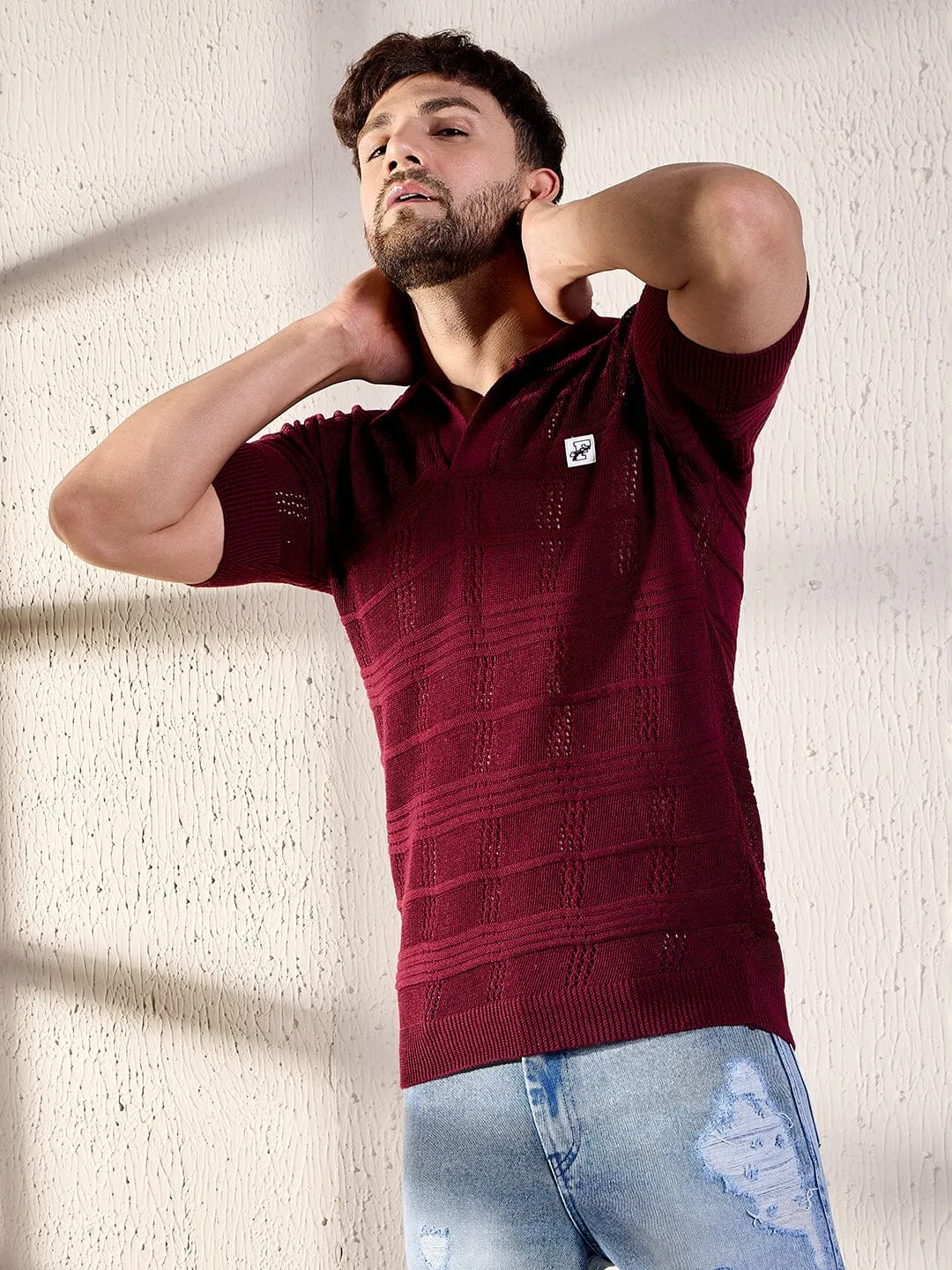 Wine Textured Knitted Polo Tee