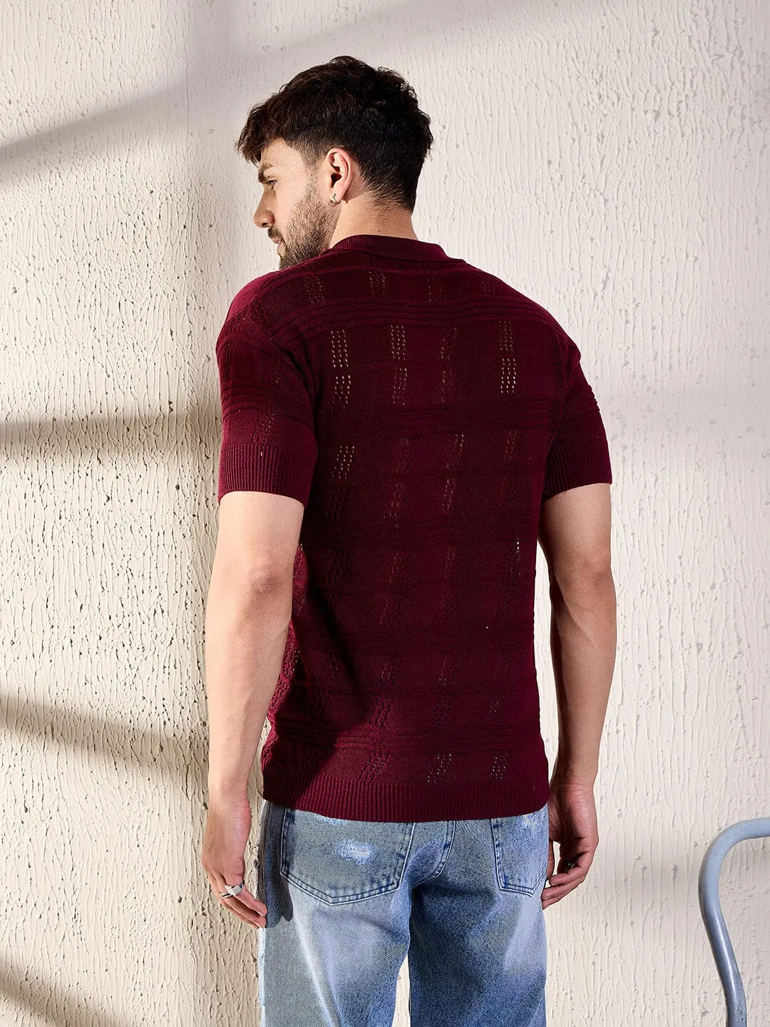 Wine Textured Knitted Polo Tee