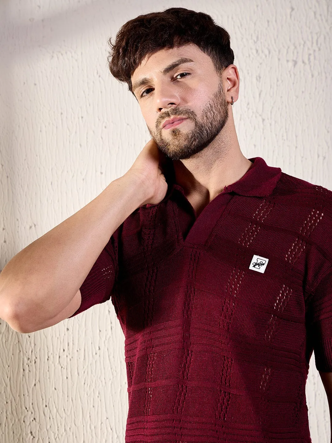 Wine Textured Knitted Polo Tee