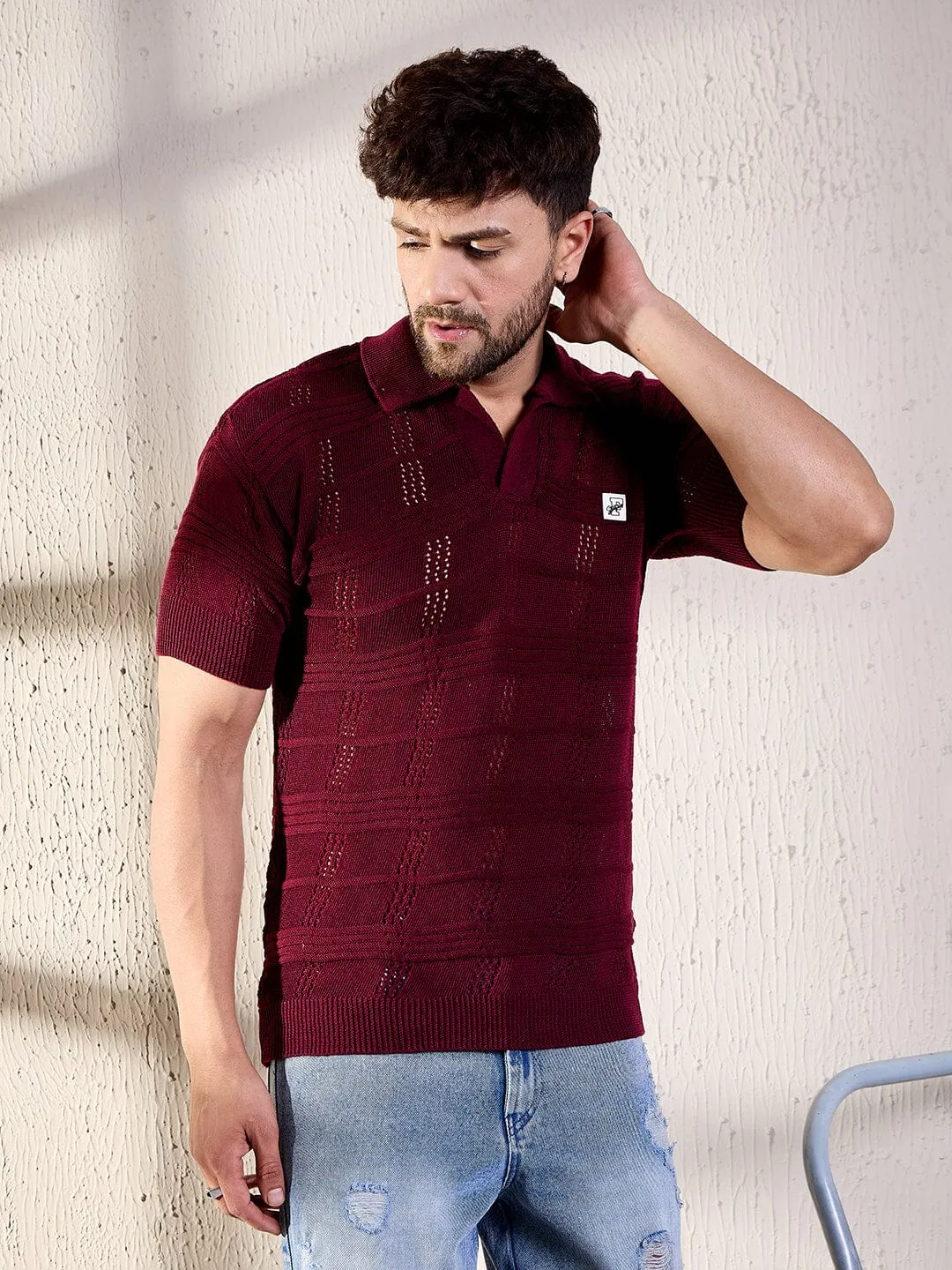 Wine Textured Knitted Polo Tee